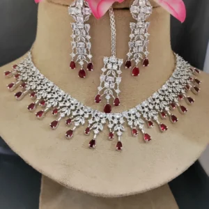 Ruby Zircon Necklace, Earrings, Tikka Set