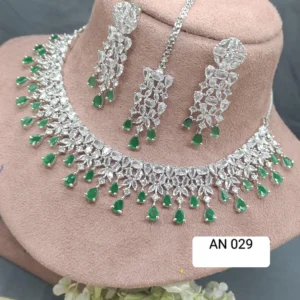 Green Zircon Necklace, Earrings, Tikka Set